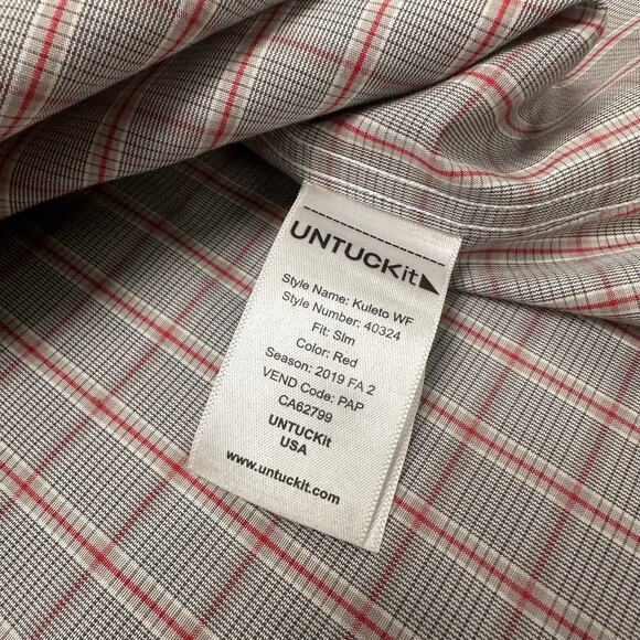 Untuckit Kuleto Cream Red‎ Gray Mens L Slim Fit Glen Check Plaid Button Up Shirt - Picture 5 of 9